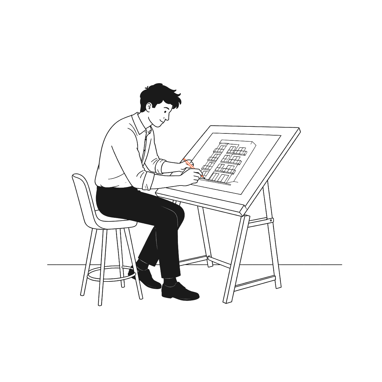 A figure at a drafting table sketching a building elevation.