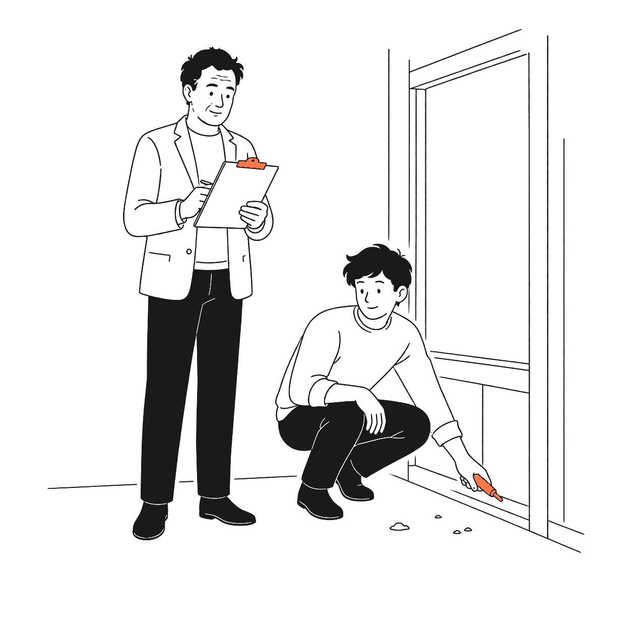 Two figures at a property inspection, one with a clipboard, one crouched at a wall.