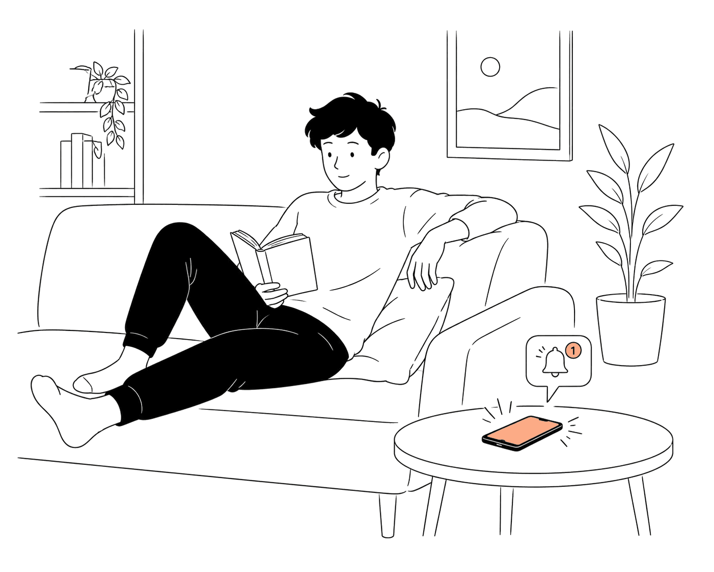 An owner relaxing on the couch, phone on the side table with a single calm notification.