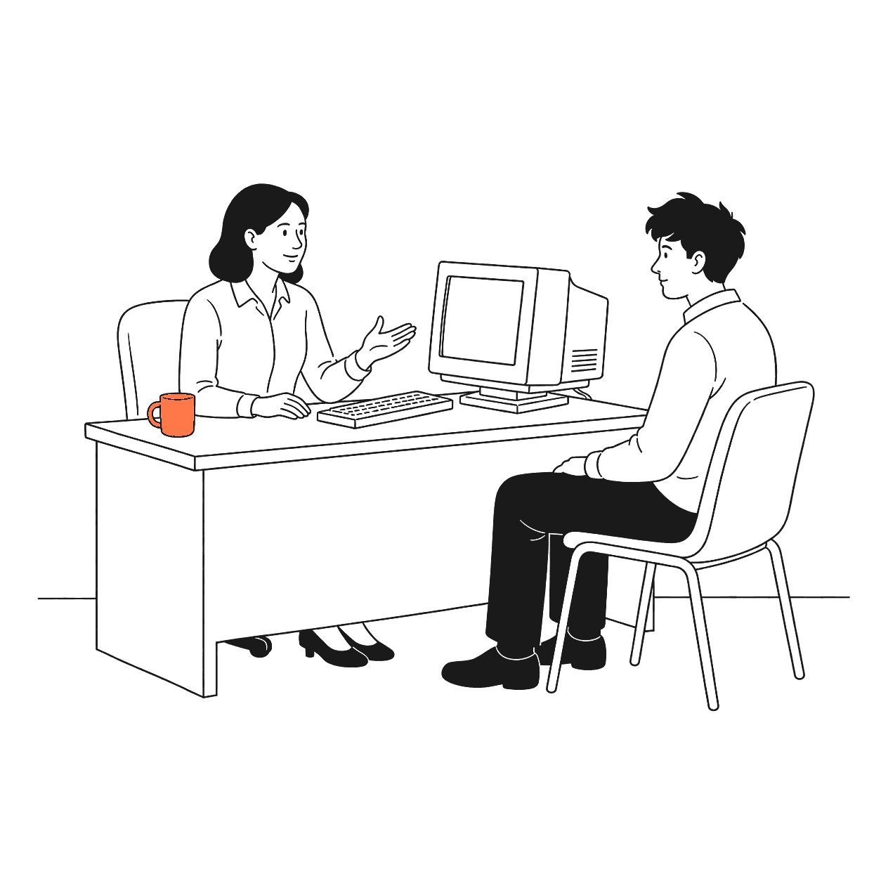 Two figures talking across a desk with an old boxy monitor.