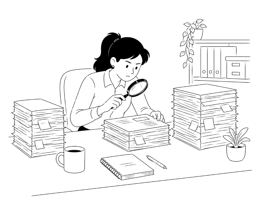 A woman with a magnifying glass auditing governance records.