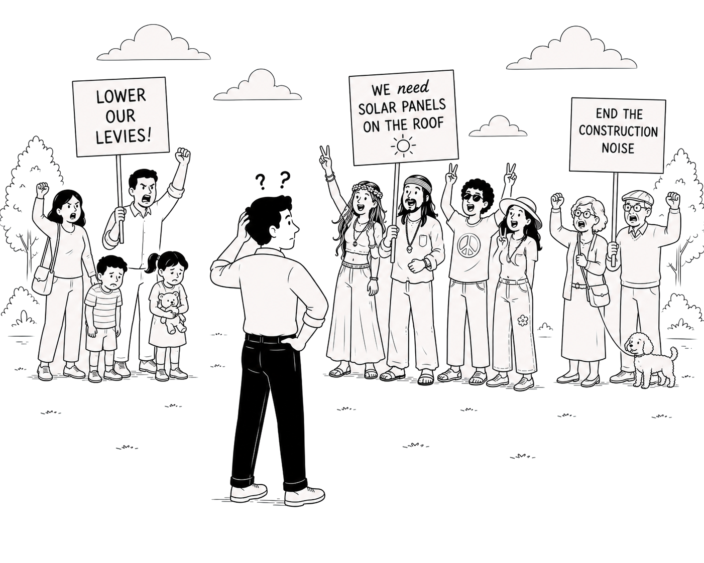 Three groups of owners hold up signs with different demands while a strata manager stands in the middle, head in hand, unsure who to answer first.