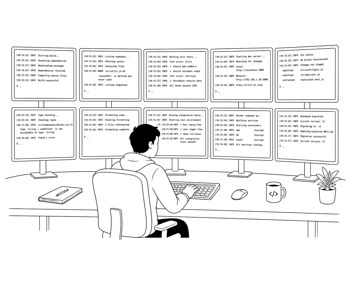 A strata manager's wall of monitors showing live portfolio analytics across multiple buildings.